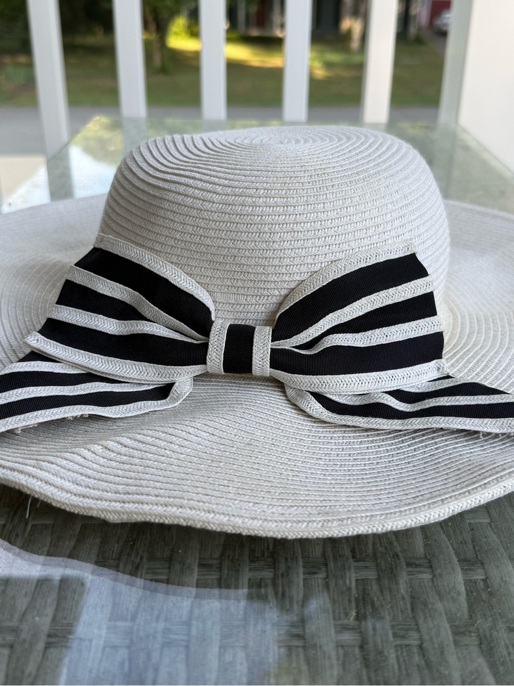 Wide Brim Straw Sun Hat with Black & White Bow